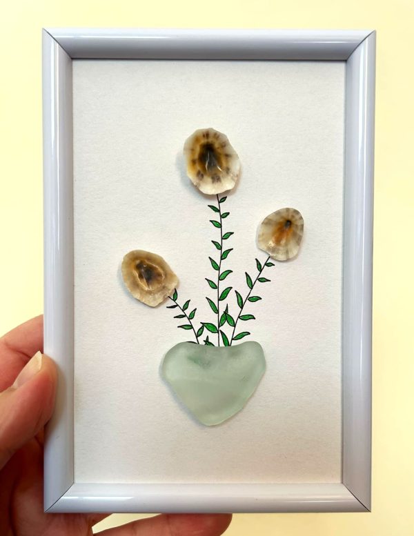 Seaglass Flower Art with Seashells - Framed Coastal Art - Image 7